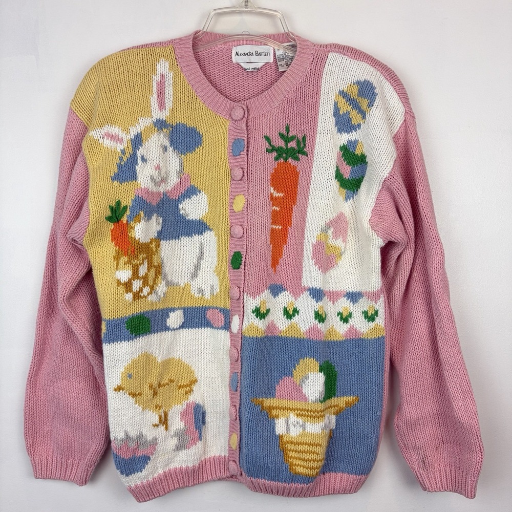 Vtg Alexandra Bartlett Easter Sweater Womens Large Cardigan Pink Bunny Eggs Read